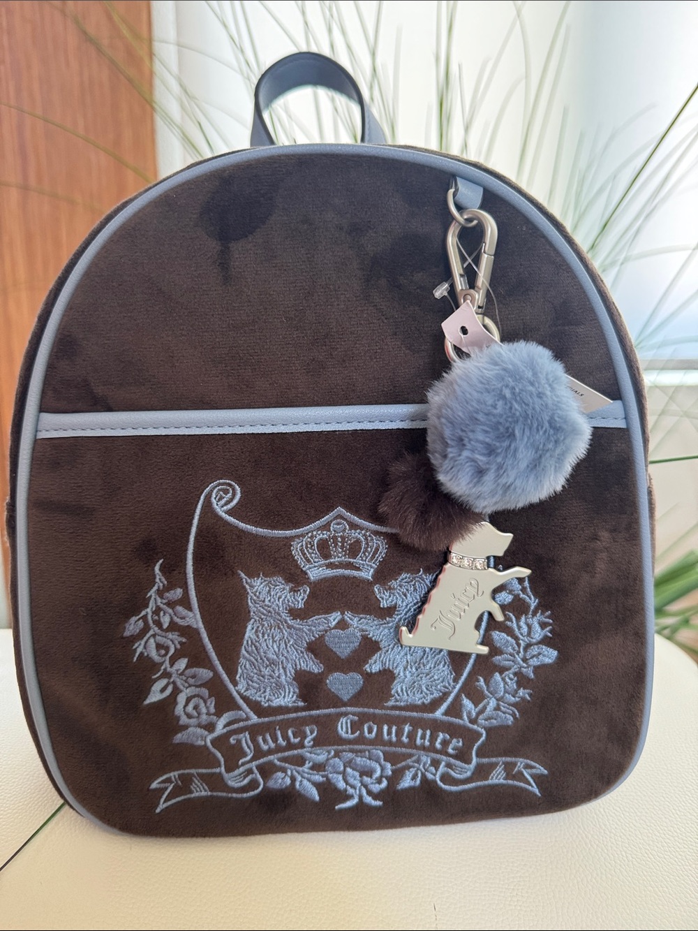 Juicy Couture Brown Velvet Backpack with Light Gray Trim and Pom Charm